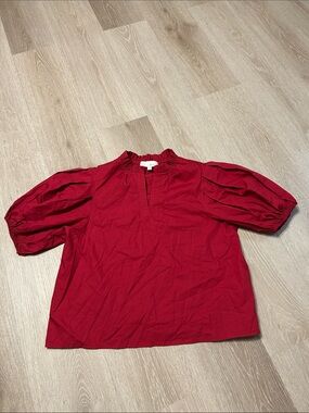 Pinch Red Ruffled Neck Puffed Pleated Sleeve Blouse Sz Small